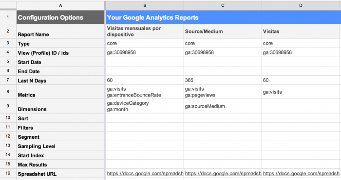 Google Analytics Spreadsheet Add-on config